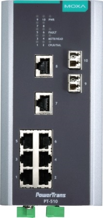 MOXA Коммутатор PT-510-SS-LC-HV IEC 61850-3 managed Ethernet switch with 8 10/100BaseT(X) ports, and 2 100BaseFX single-mode ports with LC connectors, 1 power supply (88-300VDC or 85-264VAC), t: -40/85