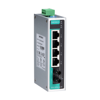MOXA Коммутатор EDS-205A-M-ST-T 5 port switch, 4 x 10/100 TX, 1 x 100 FX (multimode), dual power, ST connector, t:-40/+75