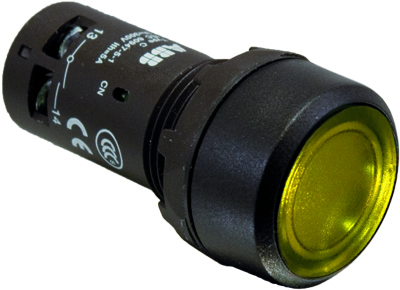 ABB 1SFA619100R1313 Кнопка с подсветкой CP1-13Y-10 желтая 220В AC/DC с плоской клавишей без фиксации 1НО