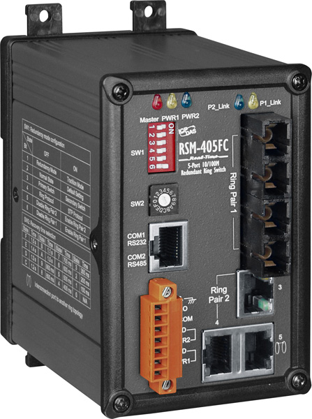 ICP DAS Коммутатор RSM-405FC CR 3-Port 10/100 Base-T with 2-Port 100 Base-FX Fiber Redundant Ring Switch (Metal case)