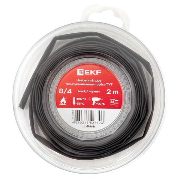 EKF tut-8-b-b Термоусаживаемая трубка ТУТ нг 8/4 черная ролик 2 м EKF