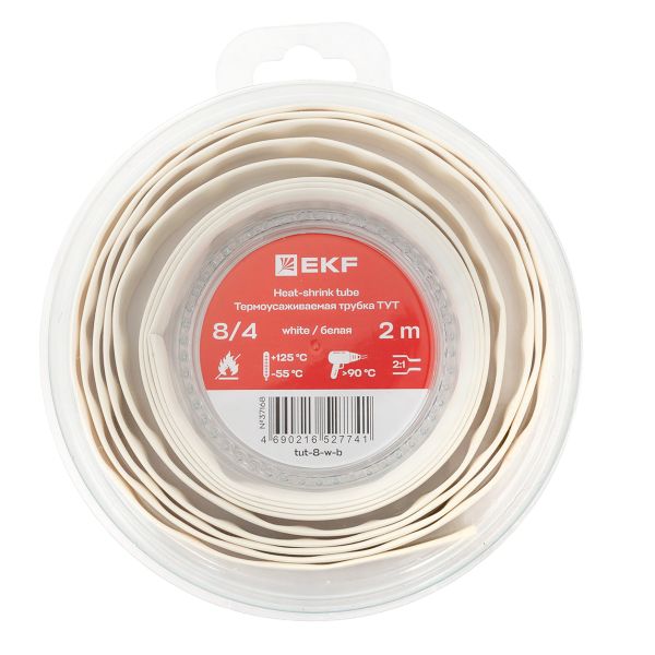EKF tut-8-w-b Термоусаживаемая трубка ТУТ нг 8/4 белая ролик 2 м EKF