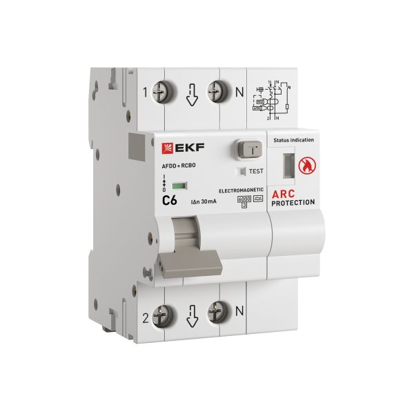 EKF afdd-rcbo-2-6C-30em-pro Устройство защиты от дугового пробоя с автоматическим выключателем дифференциального тока (УЗДП + АВДТ) 1P+N 6А 30мА характеристика С тип А 6 кА PROXIMA EKF