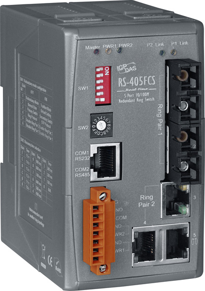 ICP DAS Коммутатор RS-405AFCS-T 5-Port Real-time Redundant Ring Switch with 2-Fiber Port, Single Mode, SC Type (+12 ~ +48 VDC, non-i