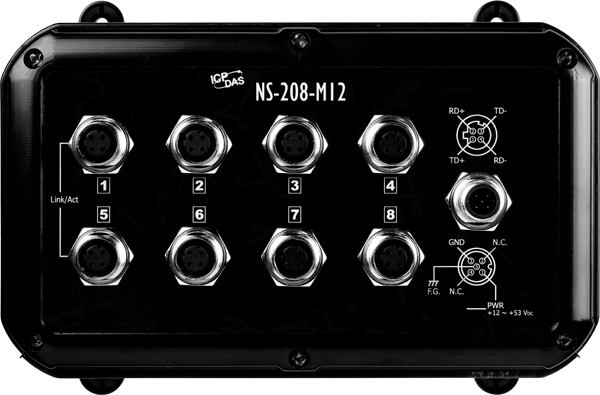 ICP DAS Коммутатор NS-208-M12-IP67 CR 8-port M12 Unmanaged Ethernet Switch with IP67 (RoHS)Includes M12D-4P-IP68 x 8, A-CAP-M12M x 8, M12A-5P-IP68 and A-CAP-M12F x 1