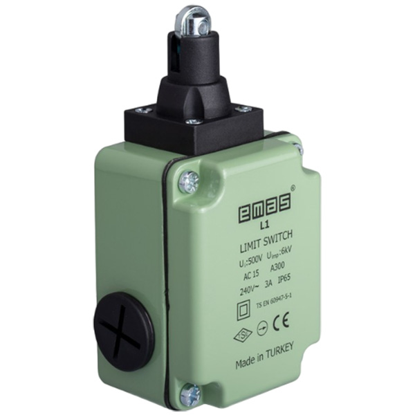 L1K13MUM33 Выключатель концевой быстрого переключения линейный 3-х направленный с пластмассовой консолью и стальным плунжером и роликок Ф13мм (1НО+1НЗ)