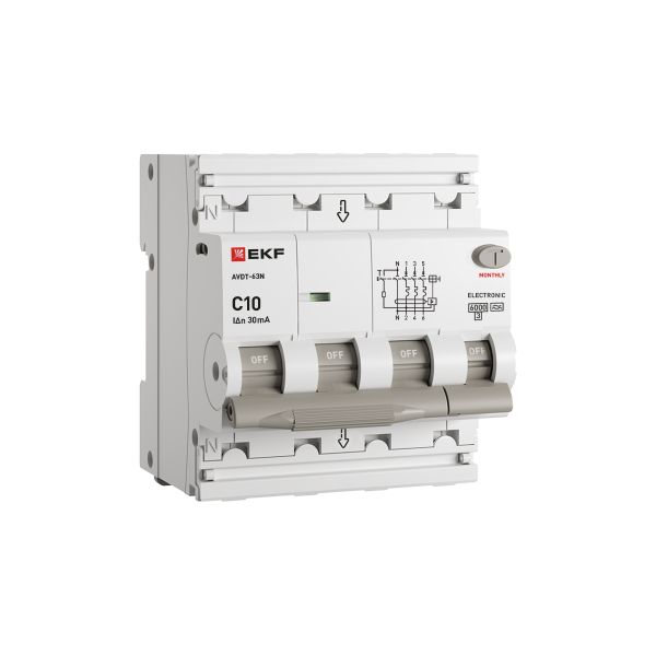 EKF D63N46EA10C30 Автоматический выключатель дифференциального тока АВДТ-63N 3P+N 10А 30мА характеристика C тип A электронный 6кА PROXIMA EKF