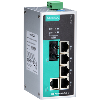 MOXA Коммутатор EDS-P206A-4PoE-M-ST-T Ethernet Switch 1 x 10/100BaseTX, 1 x 100BaseFx MM port, 4 x PoE, ST, t:-40/+75