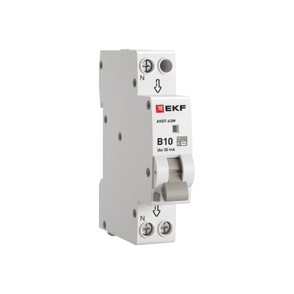 EKF DA63M-10B-30 Автоматический выключатель дифференциального тока АВДТ-63M 1P+N (18мм) 10А 30мА характеристика B тип AС электронный 6кА PROXIMA EKF