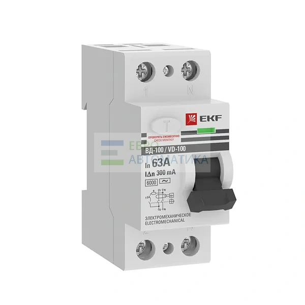 EKF elcb-2-6-63-300-em-pro Выключатель дифференциального тока ВД-100 2P 63А 300мА тип АС электромеханический 6кА PROXIMA EKF