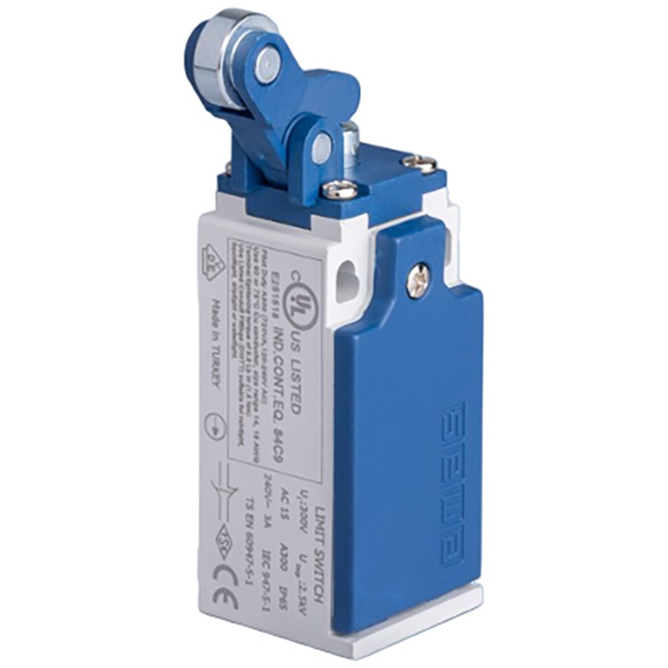 L5K13MIM411 Выключатель концевой быстрого переключения угловой 1-но направленный с пластмассовой консолью с упором и металлическим роликом Ф14мм (1НО+1НЗ)