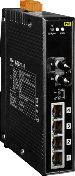 ICP DAS Коммутатор NS-205PFT-24V CR Multi-mode, ST Connector, 4-port 10/100 Mbps PoE (PSE) with 1 Fiber port and 24 VDC Input