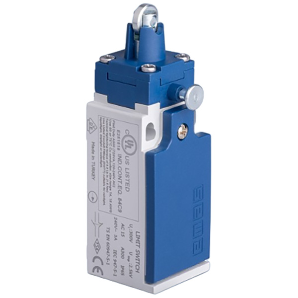 L5K23MUM332R Выключатель концевой с фиксацией медленного переключения линейный 3-х направленный с пластмассовой консолью и стальным плунжером и роликок Ф11мм (1НО+1НЗ)