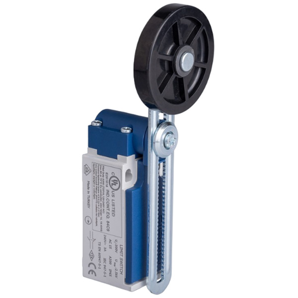 L5K23MEL123 Выключатель концевой медленного переключения угловой 2-х направленный с пластмассовой консолью и резиновым роликом Ф50мм на регулируемом рычаге (1НО+1НЗ)