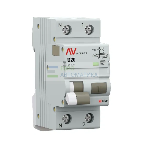 EKF rcbo10-1pn-20D-100-a-av Автоматический выключатель дифференциального тока DVA-10 1P+N 20А характеристика D 100мА тип A электромеханический10кА AVERES EKF