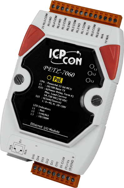 ICP DAS Модуль PETL-7060 CR Ethernet module with PoE, 6-ch isolated DI and 6-ch form-A power relay (RoHS)
