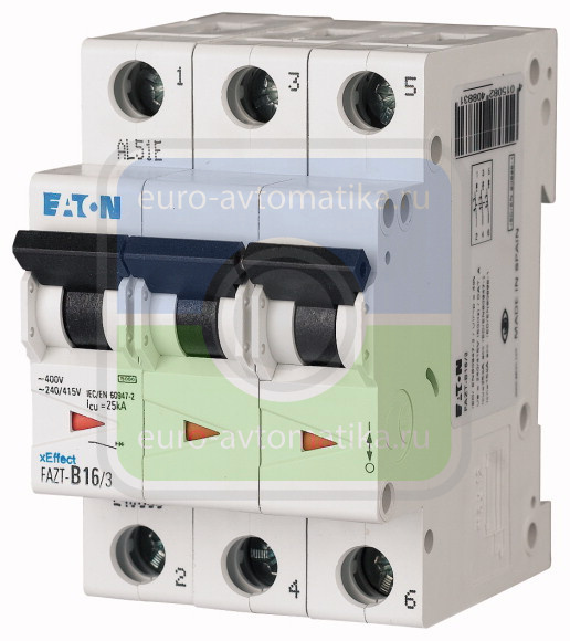 Автоматический выключатель 6А, кривая отключения В, 3 полюса, откл. способность 25 кА (FAZT-B6/3)