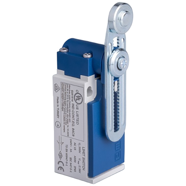 L5K13MEM122 Выключатель концевой быстрого переключения угловой 2-направленный с пластмассовой консолью, стальным роликом Ф18мм на коротком регулируемом рычаге (1НО+1НЗ)