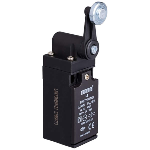 L3K13MEM12 Выключатель концевой быстрого переключения угловой 2-х направленный с пластмассовой консолью и стальным роликом Ф20мм (1НО+1НЗ)