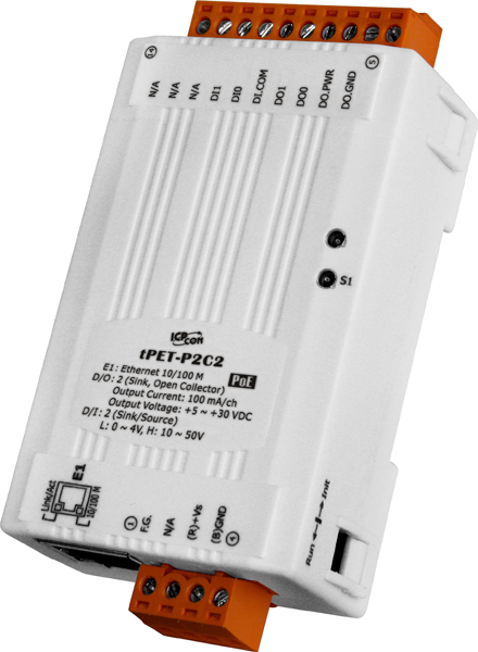 ICP DAS Модуль tPET-P2C2 CR Tiny Ethernet module with PoE, 2-ch DI and 2-ch DO (NPN, Sink) (RoHS)