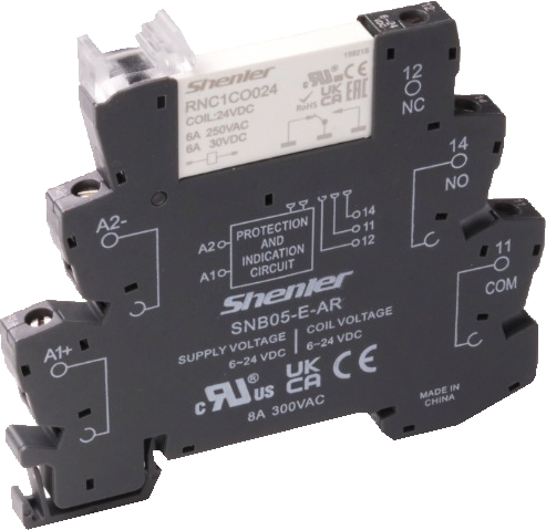 SHENLER RNC1CO012+SNB05-E-AR Реле интерфейсное RNC1CO012 с колодкой SNB05-E-AR, винтовой зажим, 1CO, 6A(250VAC), 12VDC, LED, W=6.2mm