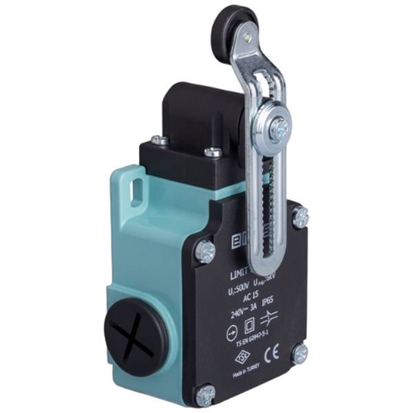 L2K13MEP124 Выключатель концевой быстрого переключения угловой 2-направленный с пластмассовой консолью, роликом Ф18мм на регулируемом изогнутым рычаге(1НО+1НЗ)