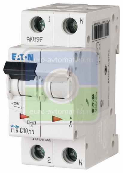 Автоматический выключатель 10А, кривая отключения D, 1+N полюс, откл. способность 6 кА (PL6-D10/1N)