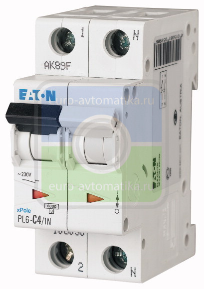 Автоматический выключатель 4А, кривая отключения D, 1+N полюс, откл. способность 6 кА (PL6-D4/1N)