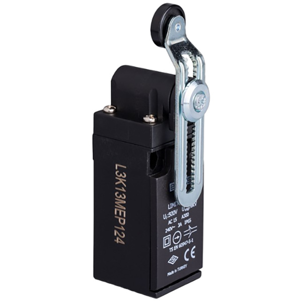 L3K13MEP124 Выключатель концевой быстрого переключения угловой 2-направленный с пластмассовой консолью, роликом Ф18мм на регулируемом изогнутым рычаге(1НО+1НЗ)