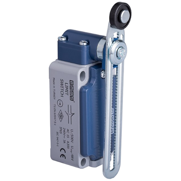 L52K13MEP123 Выключатель концевой быстрого переключения угловой 2-направленный с пластмассовой консолью, роликом Ф18мм на регулируемом рычаге(1НО+1НЗ)