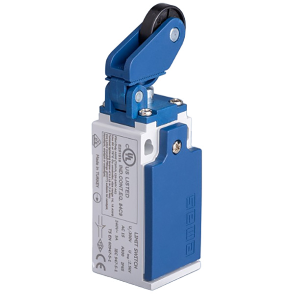 L5K13MIP211 Выключатель концевой быстрого переключения угловой 1-но направленный с пластмассовой консолью с упором и пласт. роликом Ф14мм (1НО+1НЗ)