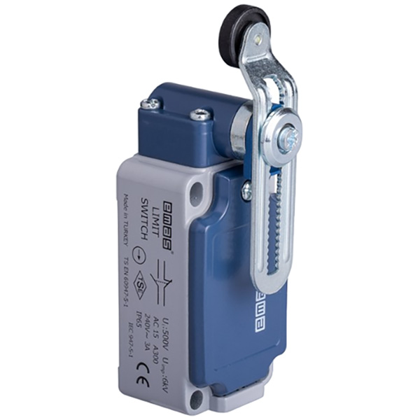 L52K13MEP124 Выключатель концевой быстрого переключения угловой 2-направленный с пластмассовой консолью, роликом Ф18мм на регулируемом изогнутым рычаге(1НО+1НЗ)