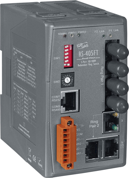 ICP DAS Коммутатор RS-405FT CR 3-Port 10/100 Base-T with 2-Port 100 Base-FX Fiber Redundant Ring Switch (RoHS)