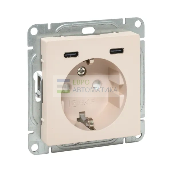 EKF UP1-SOI-111-2USBC Механизм розетки с USB-C - 2шт, 16А, с заземлением, со шторками, кремовый Эпика EKF