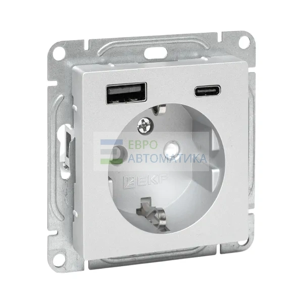 EKF UP1-SOA-111-USBA+USBC Механизм розетки с USB-A+С - 2шт, 16А, с заземлением, со шторками, алюминий Эпика EKF