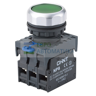 CHINT 667238 Кнопка упр. NP8-01BND/3 подсветка, самовозв, зеленый, AC/DC 24В(LED), 1НЗ, IP65 (R)