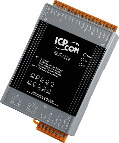 ICP DAS Модуль ET-7224 CR Ethernet I/O Module with 2-port Ethernet Switch, with 4-channels AO, 5-channels DI and 5-channels DO (RoHS)