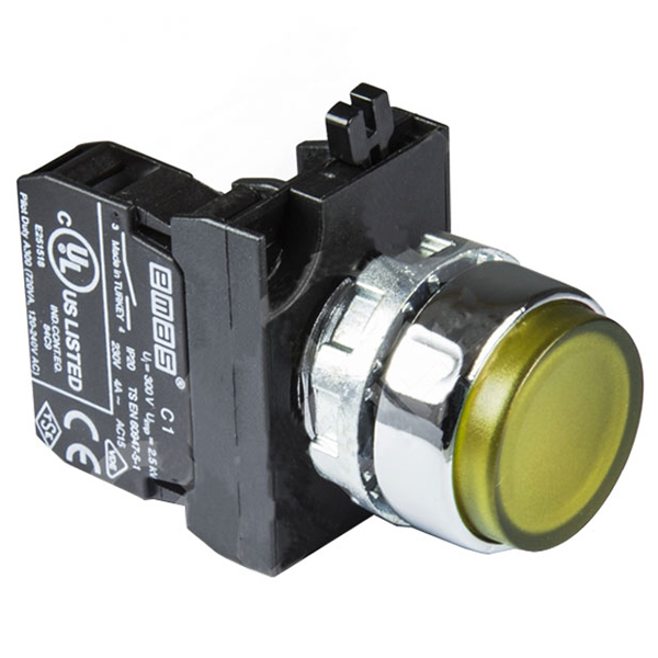 Кнопка нажимная круглая желтая выступающая (1НО)