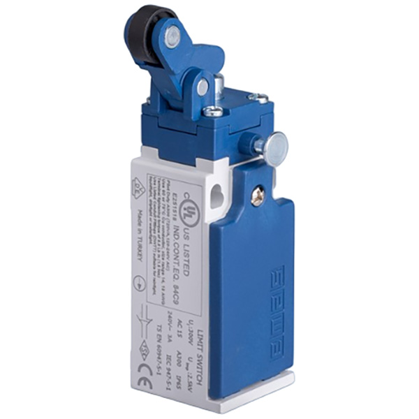 L5K13MIP411R Выключатель концевой с фиксатором быстрого переключения угловой 1-но направленный с пластмассовой консолью с упором и роликом Ф14мм (1НО+1НЗ)