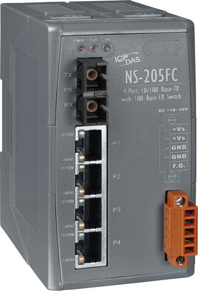 ICP DAS Коммутатор NS-205FC CR Uamanaged 4-port Industrial 10/100 Base-T(X) with 100 Base-FX Fiber Switch (Plastic case)
