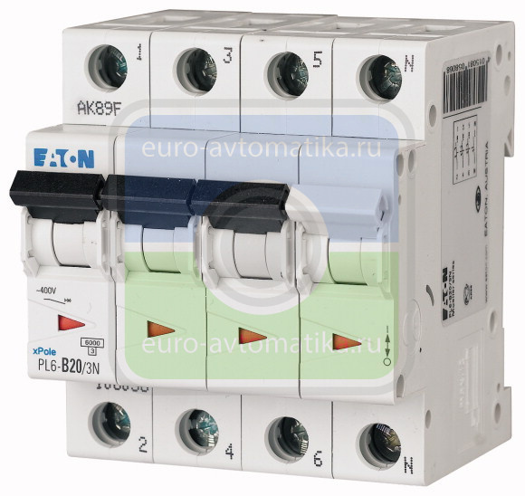 Автоматический выключатель 20А, кривая отключения D, 3+N полюс, откл. способность 6 кА (PL6-D20/3N)