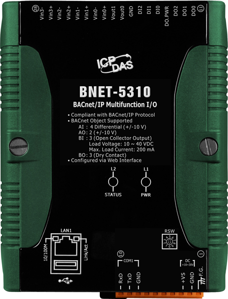 ICP DAS Модуль BNET-5310 Multi-function BACnet/IP module with 4 AI, 2 AO, 3 DI, and 3 DO