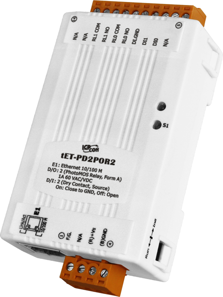 ICP DAS Модуль tET-PD2POR2 CR Tiny Ethernet module with 2-ch DI (Dry Contact) and 2-ch Form-A PhotoMos relay (R