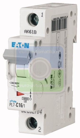 Автоматический выключатель 1,5А, кривая отключения С, 1 полюс, откл. способность 10 кА (PL7-C1,5/1)