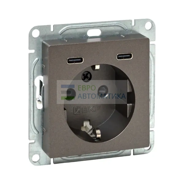 EKF UP1-SOM-111-2USBC Механизм розетки с USB-C - 2шт, 16А, с заземлением, со шторками, мокко Эпика EKF