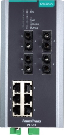 MOXA Коммутатор PT-510-4M-ST-48 IEC 61850-3 managed Ethernet switch with 6 10/100BaseT(X) ports, and 4 100BaseFX multi-mode ports with ST connectors, 1 power supply (48 VDC), t: -40/85