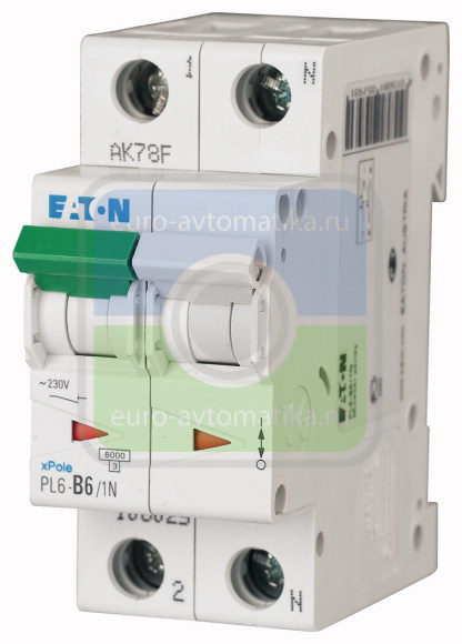 Автоматический выключатель 5А, кривая отключения B, 1+N полюс, откл. способность 6 кА (PL6-B5/1N)