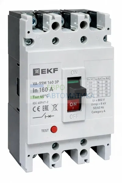 EKF mccb99-160-160m Выключатель автоматический в литом корпусе ВА-99М 160/160А 3P 10In 35кА с термомагнитным расцепителем EKF