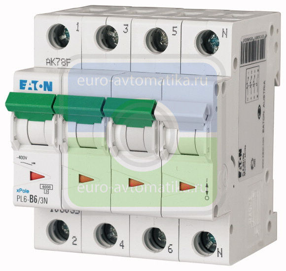 Автоматический выключатель 2,5А, кривая отключения D, 3+N полюс, откл. способность 6 кА (PL6-D2,5/3N)
