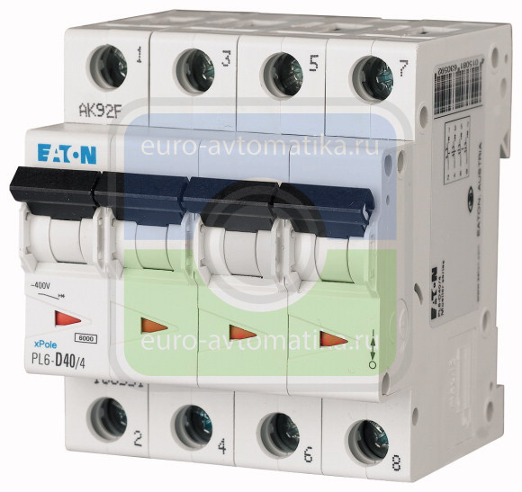 Автоматический выключатель 40А, кривая отключения D, 4 полюс, откл. способность 6 кА (PL6-D40/4)